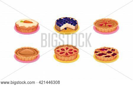 Sweet Homemade Pies With Filling And Crusts Made Of Shortcrust Pastry Vector Set