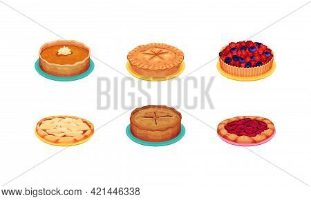 Sweet Homemade Pies With Filling And Crusts Made Of Shortcrust Pastry Vector Set