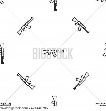 Grey Line Submachine Gun Icon Isolated Seamless Pattern On White Background. Kalashnikov Or Ak47. Ve