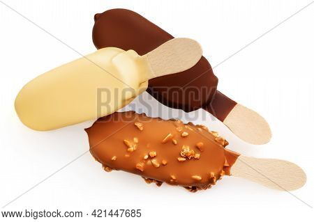 Stick Ice Cream Isolated On White Background. Vanilla Eskimo Ice-cream Bar. Popsicle And Lolly Sweet
