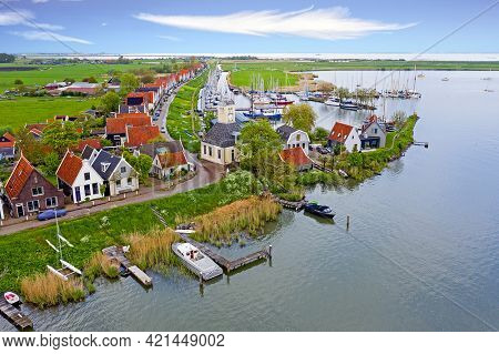 Aerial from the ancient village Durgerdam at the IJsselmeer in the Netherlands