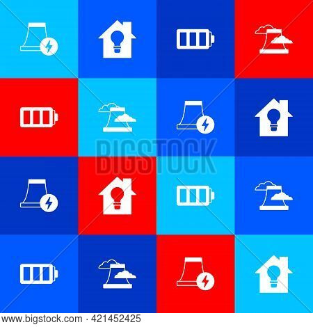 Set Nuclear Power Plant, Smart House And Light Bulb, Battery And Icon. Vector