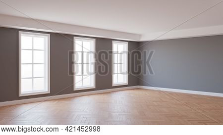 8k Ultra Hd Interior Corner With Gray Walls, Parquet Floor, Three Large White Windows And A White Pl