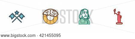 Set American Flag, Donut, Benjamin Franklin And Statue Of Liberty Icon. Vector