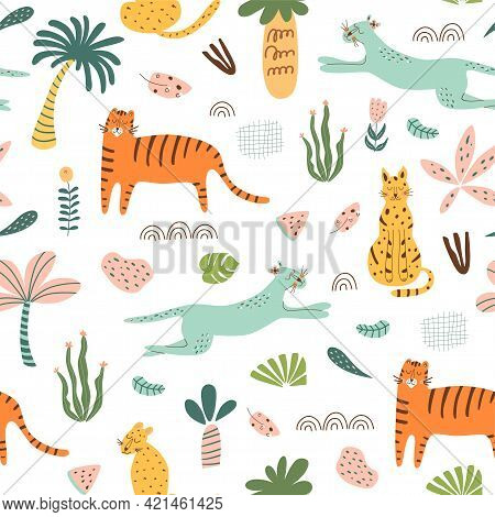 Safari Kids Pattern. Funny Jungle Seamless Pattern. Palm Trees, Safari Leopard, Tiger, Cactus Doodle