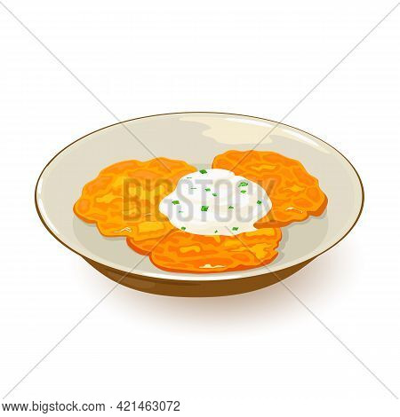 Fried Hash Browns With Golden Tasty Crust Served With Sour Cream On Plate. Vector Delicious Ukrainia