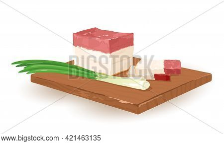Appetizing Piece Of Lard Served On Wooden Board With Spring Onion. Vector National Ukrainian Food, E