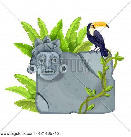 Stone Sign Board, Vector Cartoon Game Rock Design Element, Cracked Granite Tablet, Toucan, Totem Fac