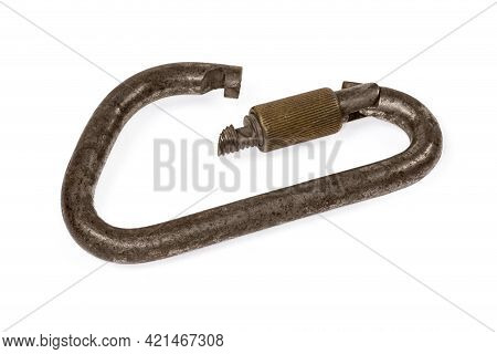 Old Steel D-shaped Carabiner With Open Spring-loaded Straight Solid Screw Gate On A White Background
