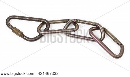 One Vintage Steel Locking Triangular Shape Carabiner And Several Oval Titanium Non-locking​ Carabine