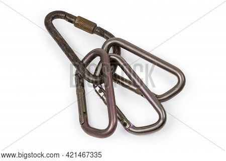 Several Oval Titanium Non-locking​ Carabiner With Sprung Solid Gates Connected With Old Steel Lockin