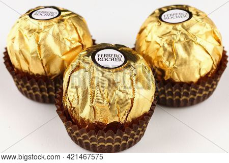 Lviv, Ukraine - May 13, 2021: Ferrero Rocher Chocolates And Sweets