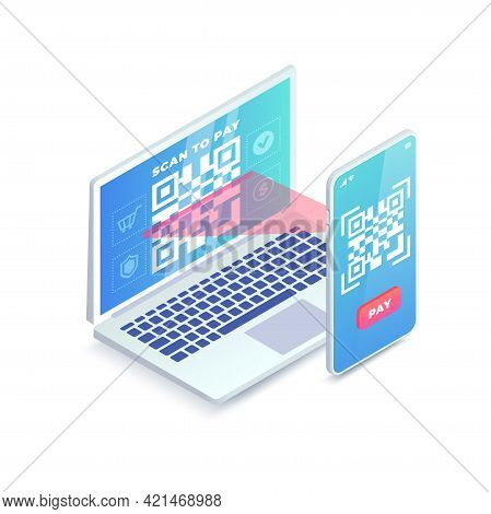 Website Payment Solution Isometric Concept. 3d Smartphone Scanning Barcode On Laptop Screen Isolated