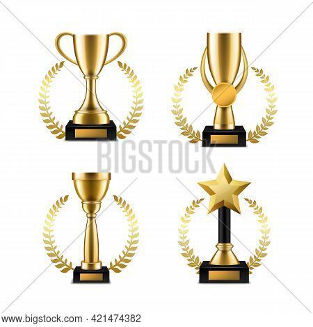 Golden Cup Trophy With Laurel. Sports Music Or Other Competitions Winner Awards, Realistic Victory G