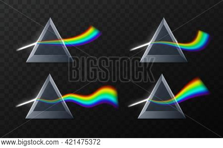 Prism Rainbow Shapes. Realistic Physics Refraction, Triangular Pyramid Optical Effect, Stylized Diff