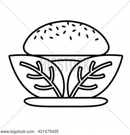 Beyond Meat Vector Black Line Icon. Plant Based Hamburger. Leaves Instead Of Meat Cutlet. Vegan Prod