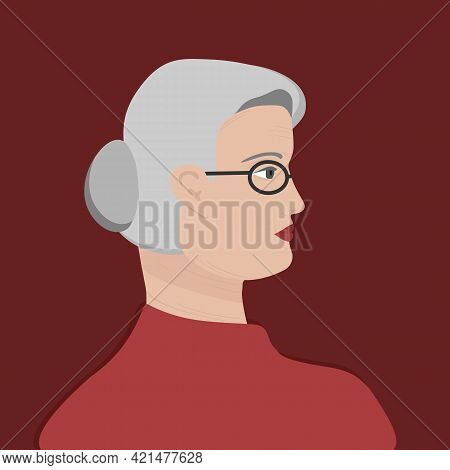 Portrait Of A White Haired Old Woman With Glasses In Red Sweter. The Head Of A European Old Wrinkled