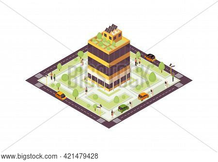 Eco City Isometric Color Vector Illustration. Smart Building With Solar Grid, Trees Infographic. Gre