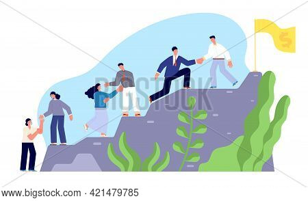 Climb To Success. Startup Leading Partner, Hard Business Climbing Motivation. Successful Steps Of Te