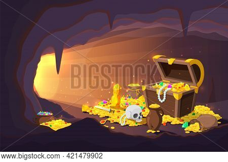 Treasure Cave. Fantasy Game Location, Cartoon Mine With Old Gold Coins In Wooden Chest. Ancient Magi
