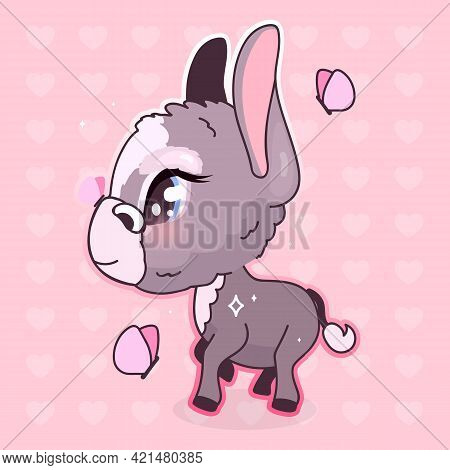 Cute Donkey Kawaii Cartoon Vector Character. Adorable And Funny Animal With Butterflies Isolated Sti
