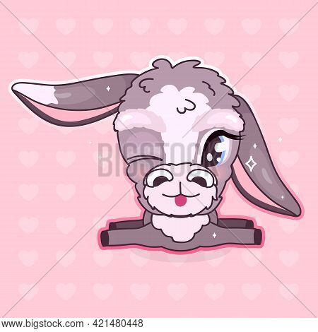 Cute Donkey Kawaii Cartoon Vector Character. Adorable And Funny, Happy Animal Winking Isolated Stick