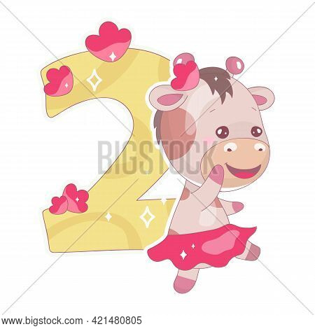 Cute Two Number With Baby Giraffe Cartoon Illustration. School Math Funny Font Symbol And Kawaii Ani