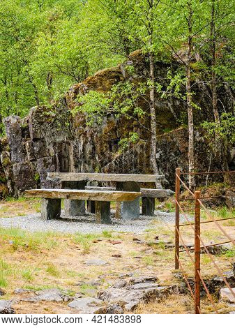 Picnic Site Stone Table With Benches On Nature At Path In Allmannajuvet Area Sauda, Norway. Norwegia
