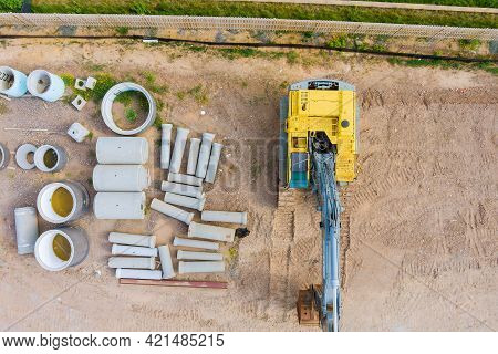 Aerial View New Residential Complex Buildings For Construction Work In The Laying Underground Pipes 