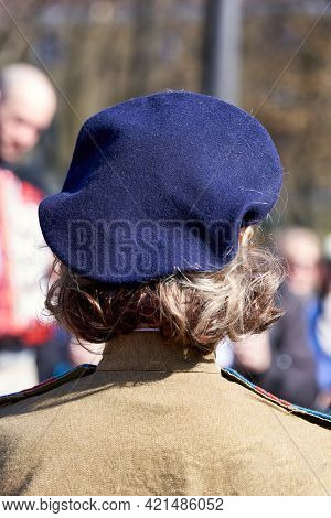 Woman Head In Blue Biret Fashion Of The Last Century, Curly Hair Retro Hairstyle