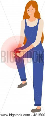 Girl With Sad Face Suffering From Knee Pain. Painful Sensations In Leg Joint. Woman Holding Her Sore
