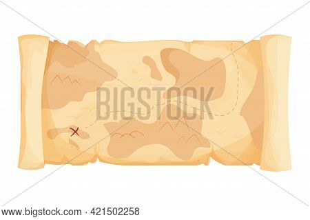 Old Treasure Map For Pirate Adventures In Cartoon Style Isolated On White Background. Fantasy And Si