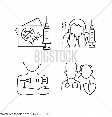 Vaccine Inoculation Linear Icons Set. Fake Vaccinated Tourist Passport. Fear Of Needle. Priority Lis