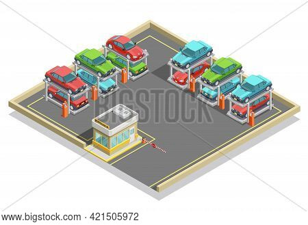 Automatic Parking Isometric Concept With Colorful Cars Positioning In Two Lines And Stages Vector Il