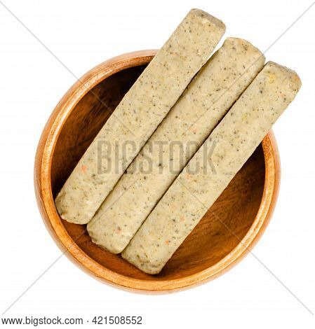 Vegan Bratwurst Sausages, In A Wooden Bowl. Group Of Three Meat Free Franconian Sausages, A Variety 