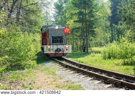 A diesel locomotive decorated with a red flag moves along a narrow gauge railway in a recreation park.