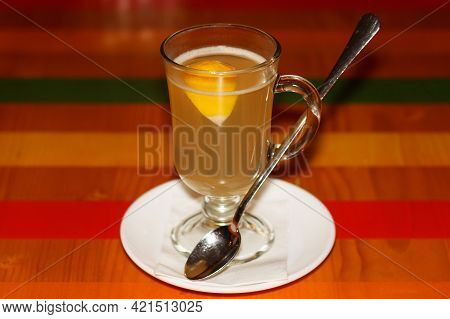 Hot Sweet Ginger Tea With Lemon, Served In Kafe In Winter