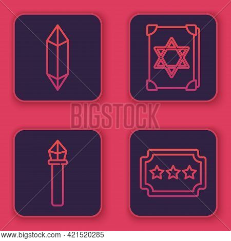 Set Line Magic Stone, Magic Staff, Ancient Magic Book And Ticket. Blue Square Button. Vector
