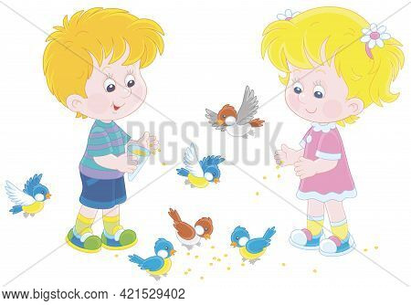 Happy Little Children Feeding With Corn A Small Flock Of Merry Sparrows And Titmice, Vector Cartoon 