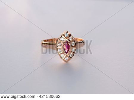 Handmade Rose 585 Gold Womens Ring With Natural Gemstones. Marquis Shaped Red Untreated, Unheated Ru