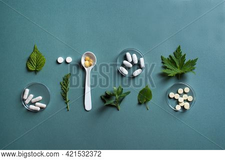 Homeopathy, Naturopathy And Alternative Herbal Medicine Concept. Capsules And Pills, Green Plant Lea