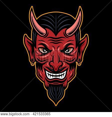 Devil Head Colored Illustration In Cartoon Style Isolated On Dark Background