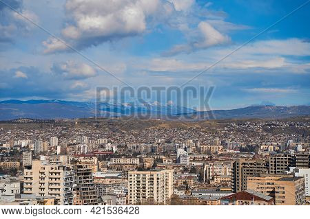 Panorama Of A Densely Populated City. Tbilisi City Landscape From Above