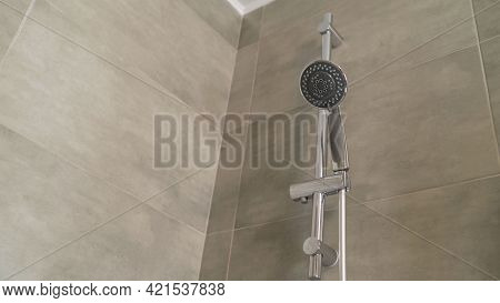Built In Bathtub With Black Faucet And Shower Stall With Half Glass Enclosure. Shower And Shower Hol