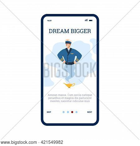 Onboarding Mobile Page With Pilots Looking As Genie, Flat Vector Illustration.