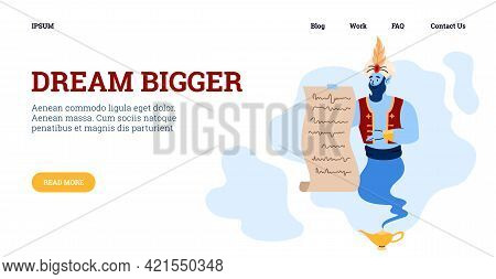 Dream Bigger Website With Genie Holding Wish List, Flat Vector Illustration.