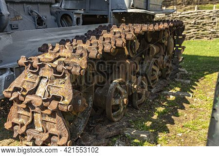 Old Vintage Tractor Tracks And Wheels. Rusty Caterpillar Of Old Bulldozer. Abandoned Crawler.