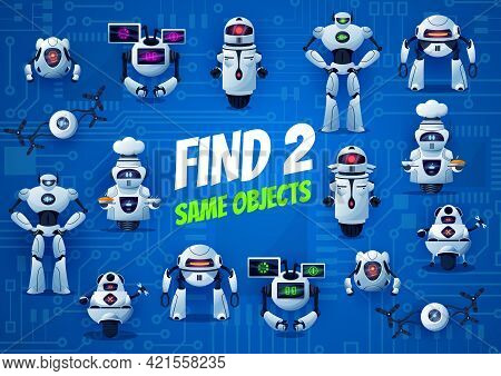 Kids Game, Find Two Same Robots And Droids Puzzle, Children Matching Activity. Futuristic Androids, 