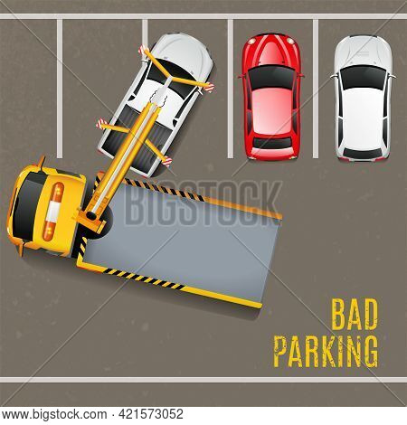 Bad Parking Top View Background. Tow Truck Vector Illustration. Bad Parking Cartoon Design. Tow Truc
