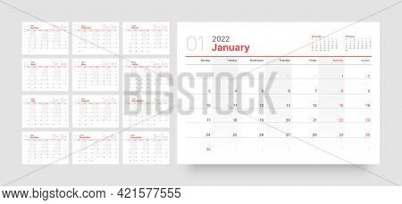 Monthly Calendar For 2022 Year. Week Starts On Monday.